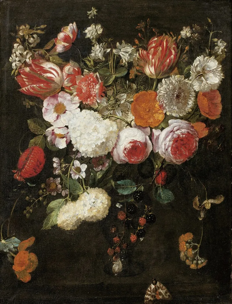 Still Life With Roses Tulips And Other Flowers In A Vase Together With Blackberries And A Moth Wall Art by Gaspar Peeter Verbruggen the Elder - High-Resolution Digital Print