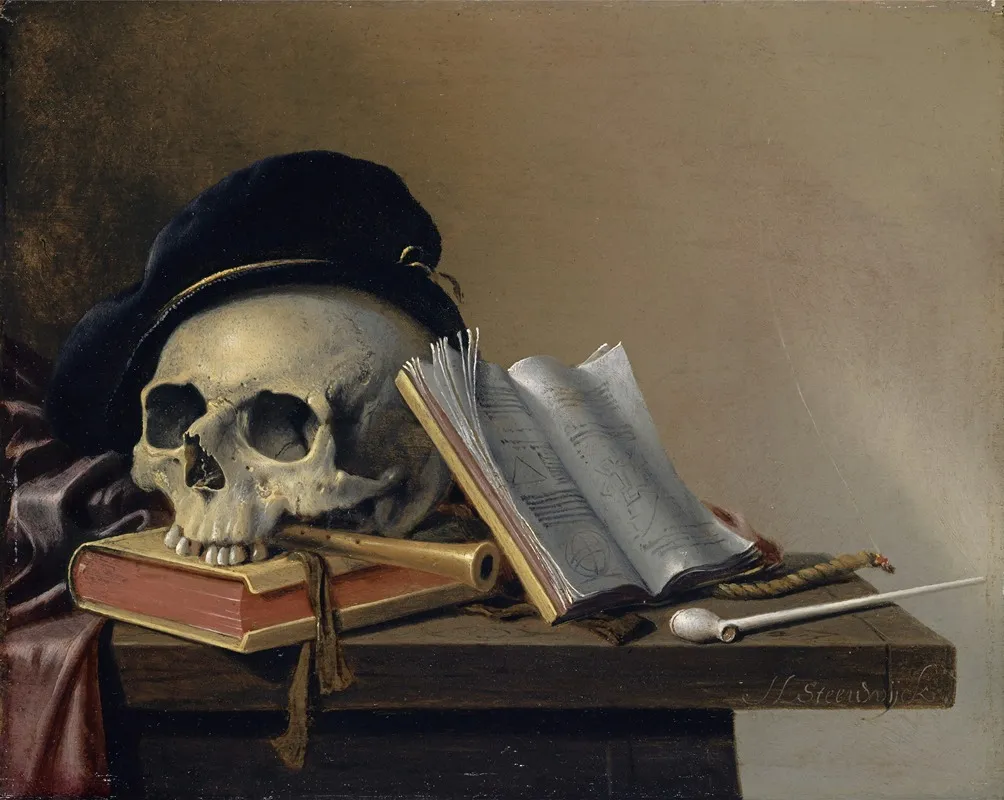 Still Life With Skull Books Flute And Pipe Wall Art by Harmen Steenwyck - High-Resolution Digital Print