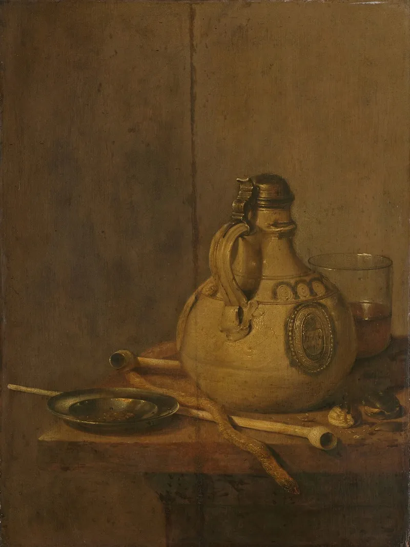 Still Life With Stoneware Jug And Pipes Wall Art by Jan Jansz. Treck - High-Resolution Digital Print