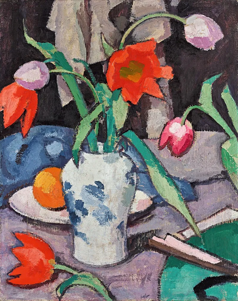 Still Life With Tulips And Fan Wall Art by Samuel John Peploe - High-Resolution Digital Print