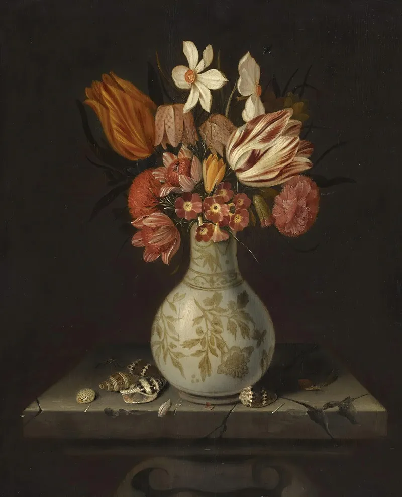 Still Life With Tulips Crocuses Primroses And Other Flowers In A Vase On A Stone Plinth With Shells Wall Art by Jan Baptist van Fornenburgh - High-Resolution Digital Print