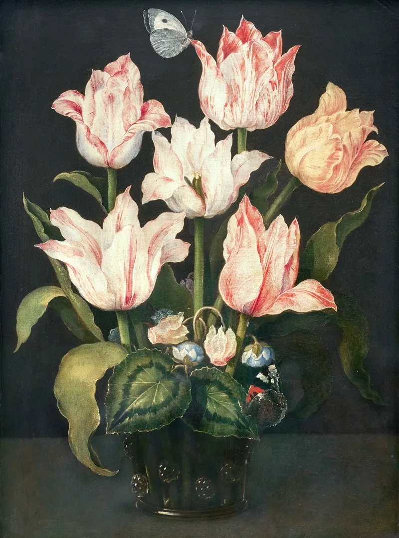 Still Life With Tulips In A Glass Vase With Cyclamen And Anemone Wall Art by Osias Beert the Elder - High-Resolution Digital Print