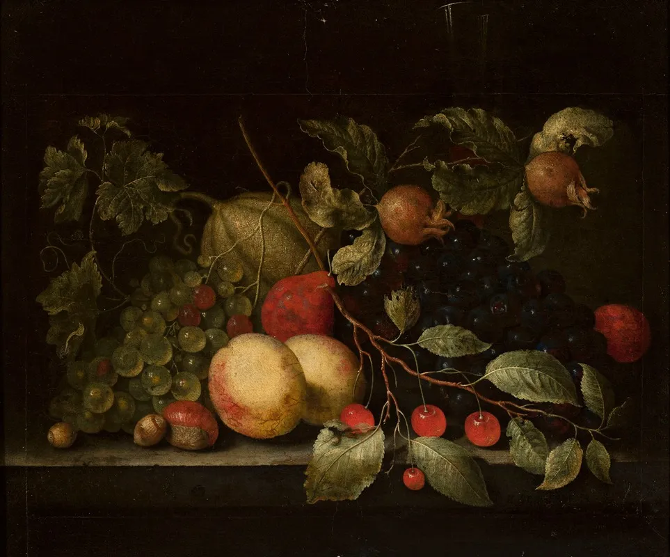 Still Life With Twigs Of Pomegranate And Cherry Wall Art by Cornelis de Bryer - High-Resolution Digital Print