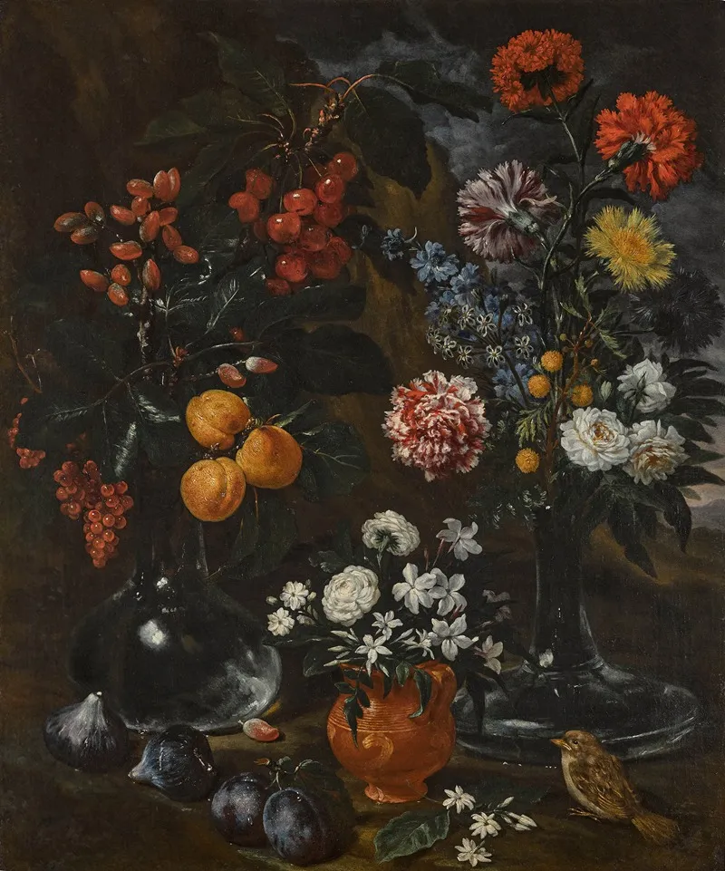 Still Life With Two Glass Vases In A Landscape Wall Art by Bartolomeo Bimbi - High-Resolution Digital Print