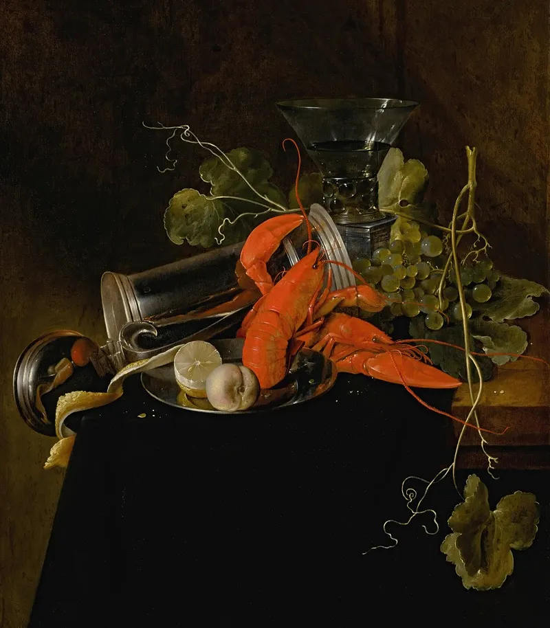 Still Life With Two Lobsters An Overturned Tankard A Berkemeier Glass Grapes And A Lemon Wall Art by Jan Davidsz de Heem - High-Resolution Digital Print