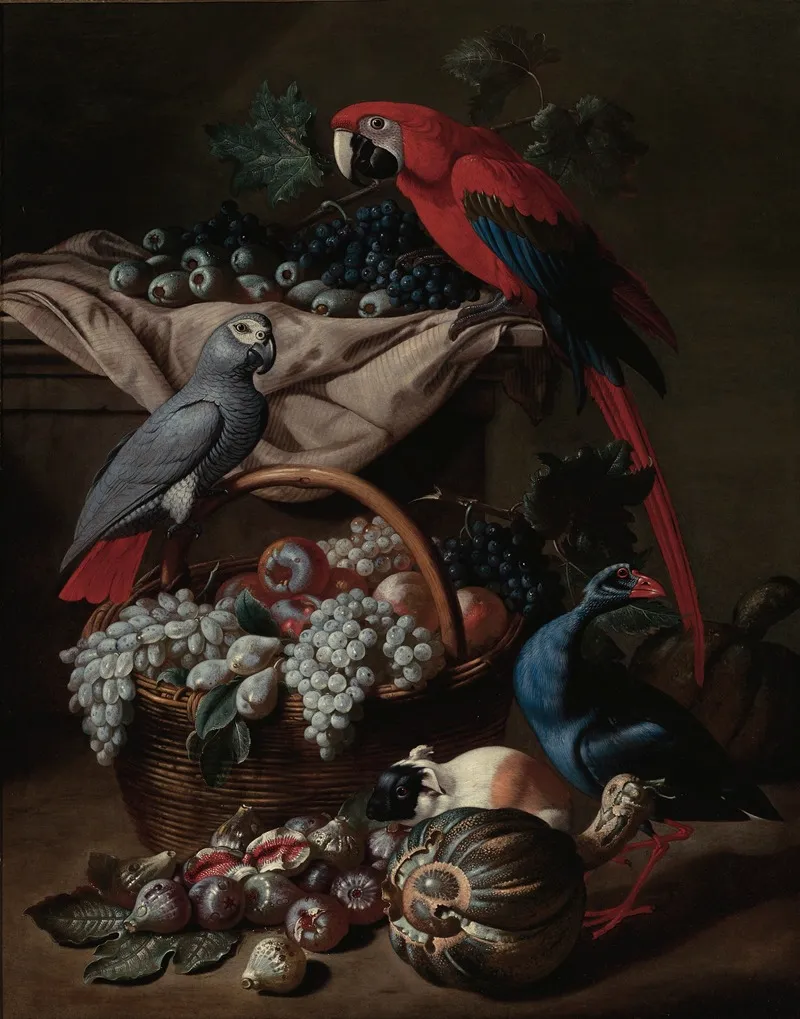 Still Life With Two Parrots A Guinea Pig A Basket Of Fruit And Fowl Wall Art by Jacob van de Kerckhoven - High-Resolution Digital Print