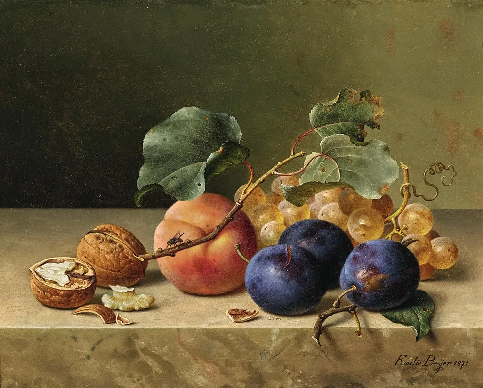 Still Life With Two Walnuts Plums Grapes A Peach On A Branch And A Fly Wall Art by Emilie Preyer - High-Resolution Digital Print
