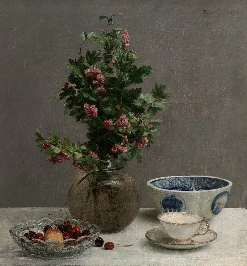 Still Life With Vase Of Hawthorn Bowl Of Cherries Japanese Bowl And Cup And Saucer Wall Art by Henri Fantin-Latour - High-Resolution Digital Print