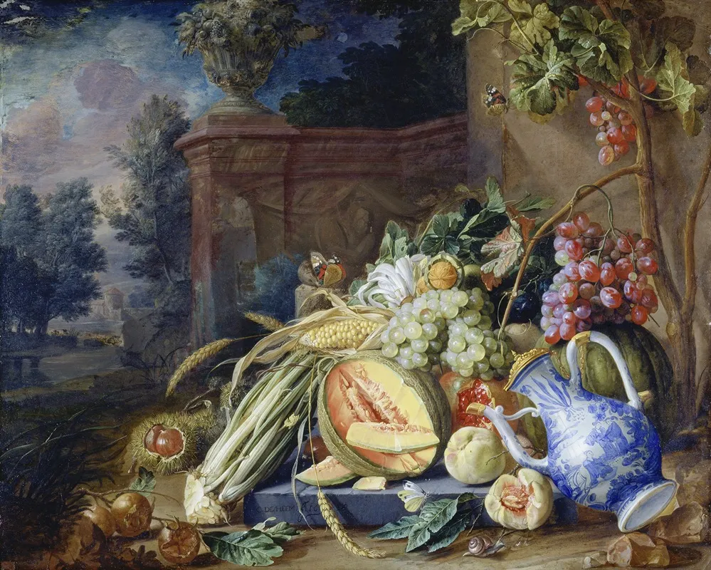 Still Life With Vegetables And Fruit Before A Garden Balustrade Wall Art by Cornelis de Heem - High-Resolution Digital Print