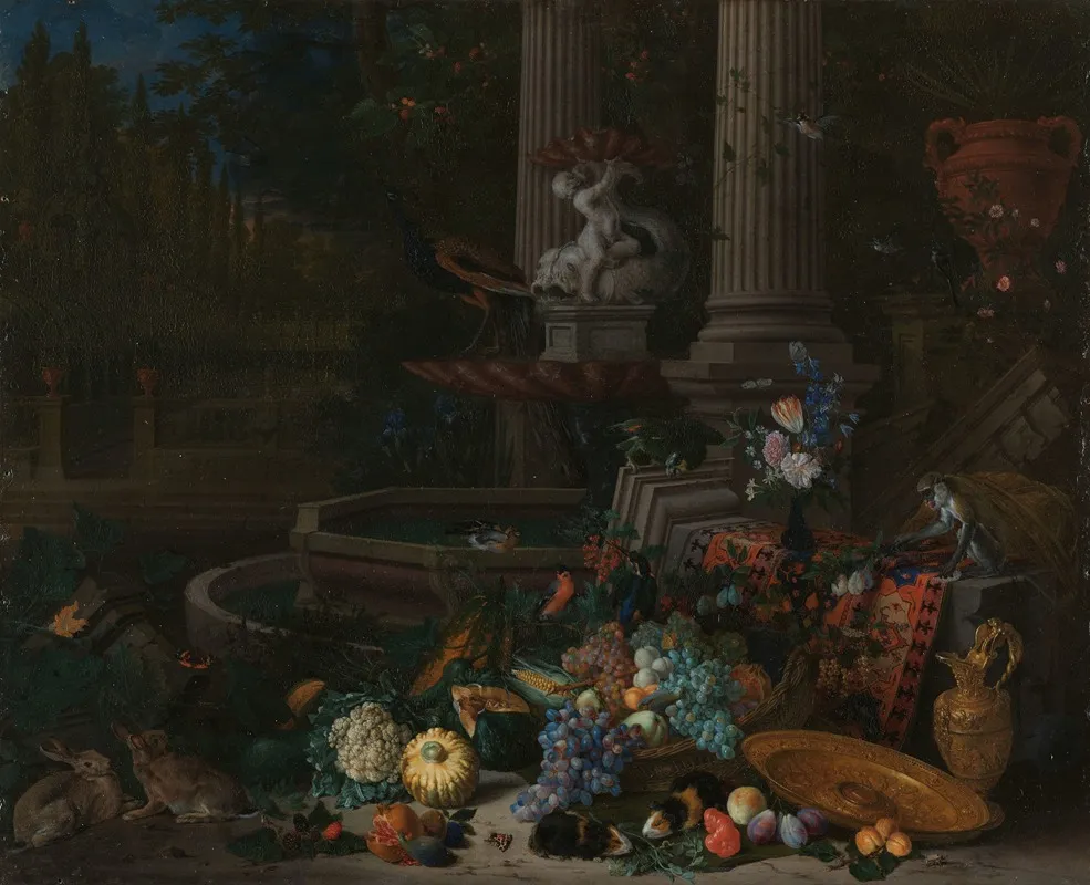 Still Life With Vegetables Before A Draped Overturned Plinth By An Ornamental Fountain Wall Art by Peeter Gijsels - High-Resolution Digital Print