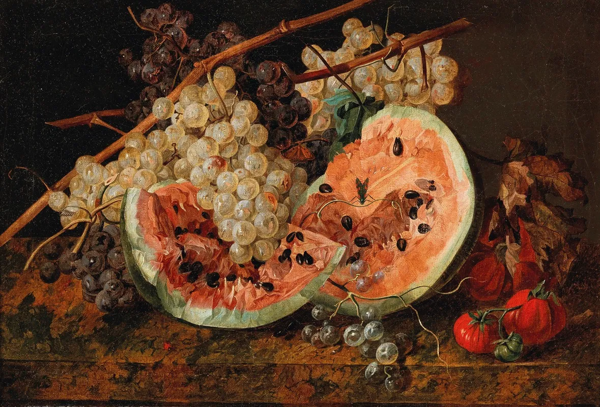 Still Life With Watermelon And Grapes Wall Art by Leopold Zinnögger - High-Resolution Digital Print