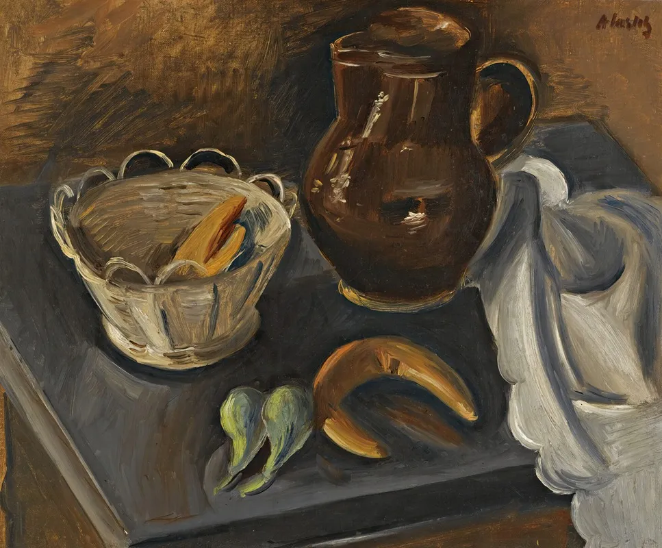 Still Life With White Basket Wall Art by Alfréd Justitz - High-Resolution Digital Print
