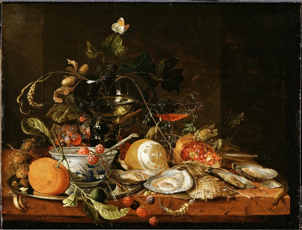 Still Life With Wine Fruit And Oysters Wall Art by Jan Davidsz de Heem - High-Resolution Digital Print