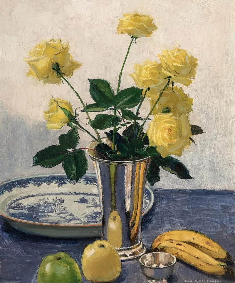 Stilleben Met Gula Rosor Still Life With Yellow Roses Wall Art by Olle Hjortzberg - High-Resolution Digital Print