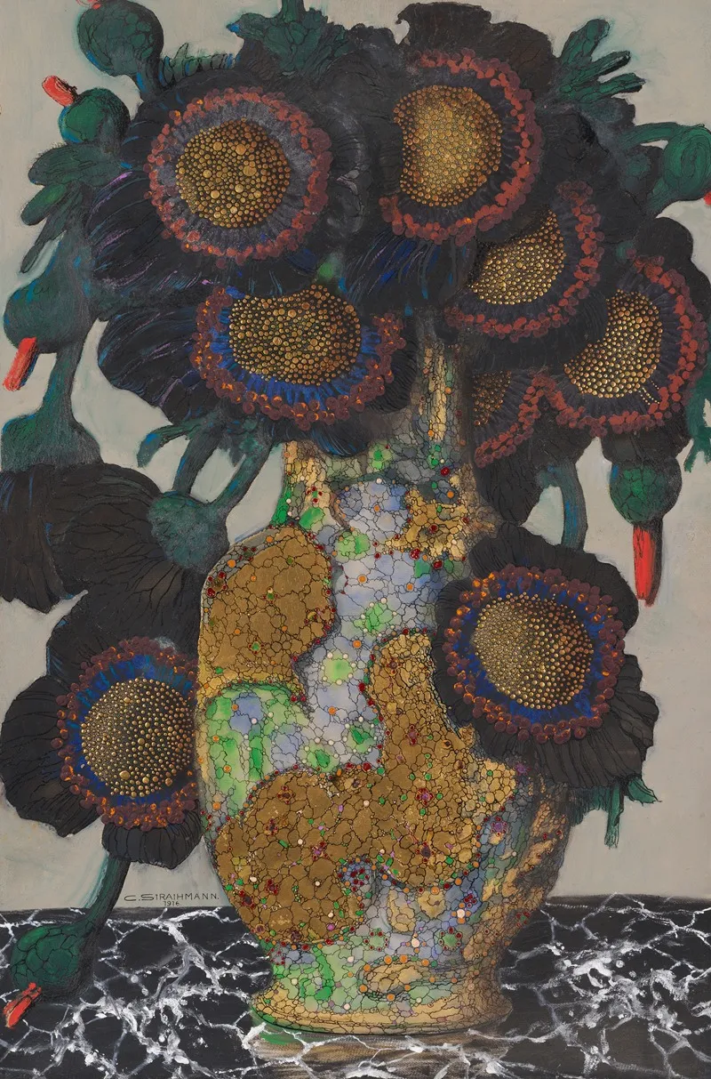 Stilleben Mit Sonnenblumen In Ornamentaler Vase Wall Art by Carl Strathmann - High-Resolution Digital Print