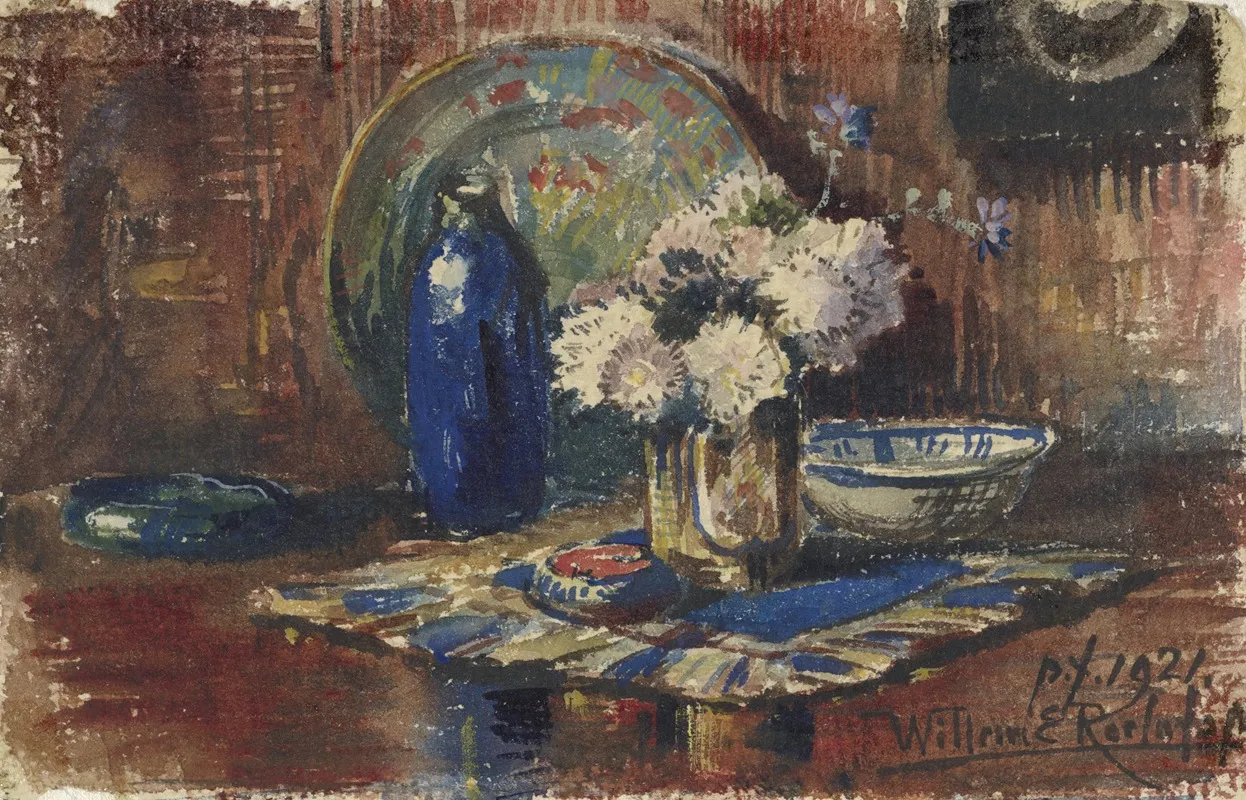 Stilleven Met Blauwe Fles En Vaas Met Bloemen Wall Art by Willem Roelofs II - High-Resolution Digital Print