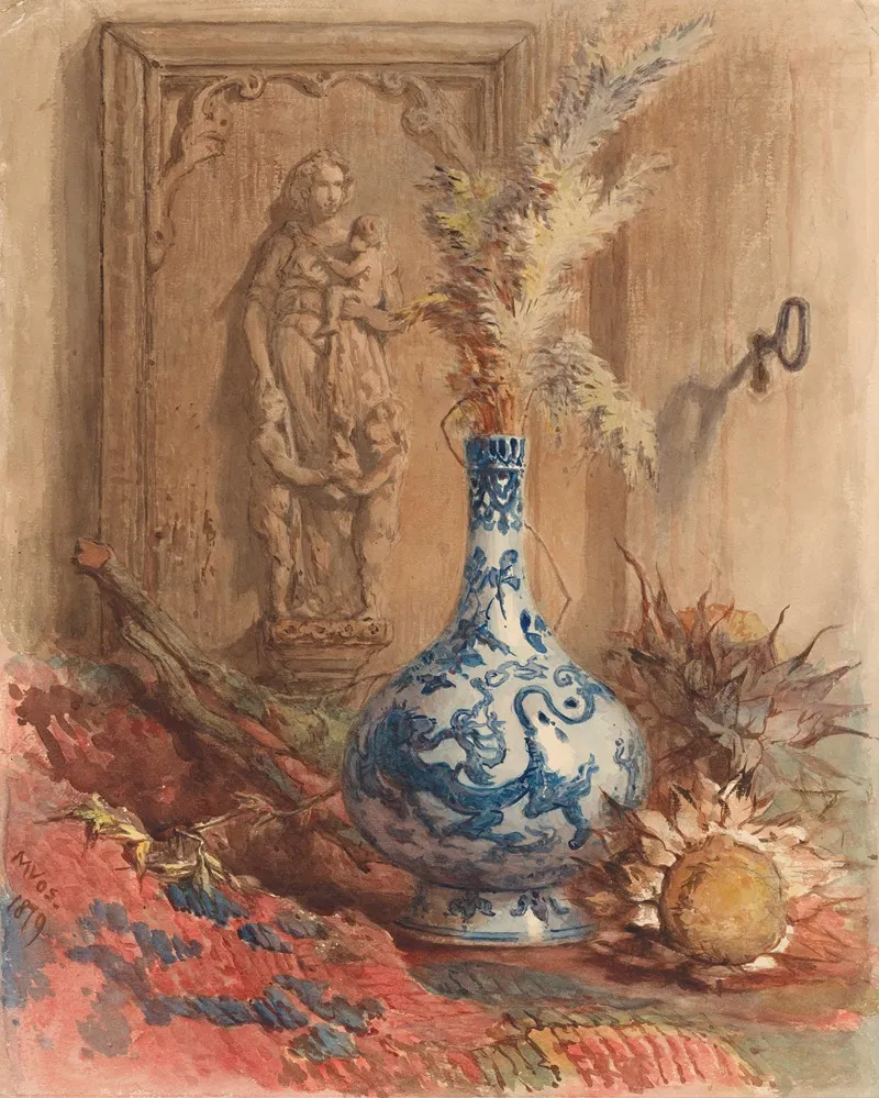 Stilleven Met Chinese Vaas En Gedroogde Zonnebloemen Wall Art by Maria Vos - High-Resolution Digital Print