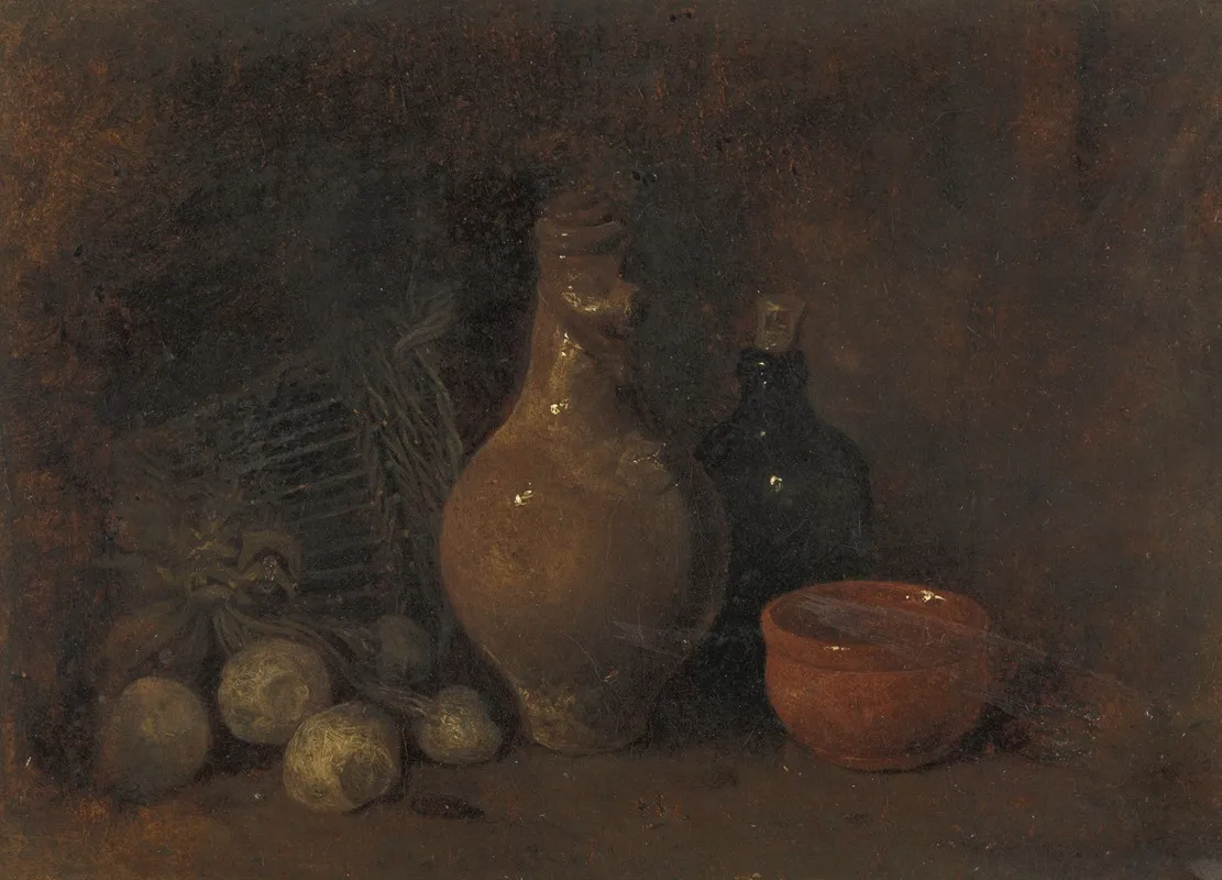 Stilleven Met Vier Vruchten Glas En Aardewerk