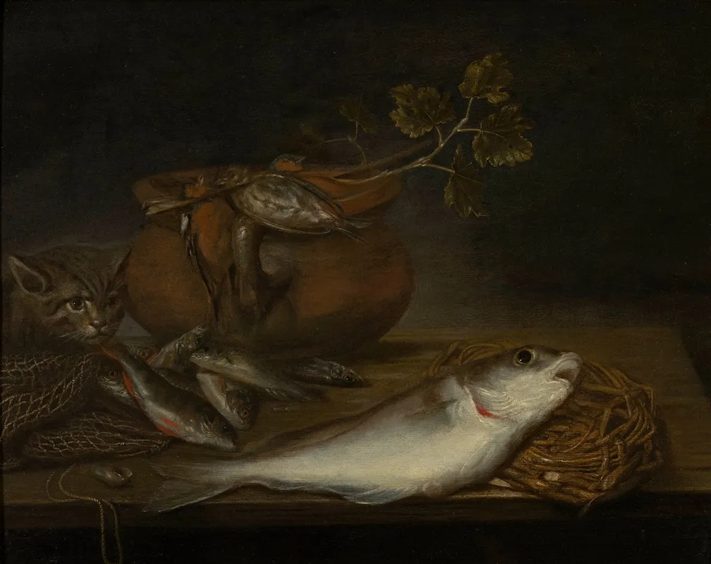 Stilleven Met Vissen Vogels En Een Kat Wall Art by Pieter van Schaeyenborgh - High-Resolution Digital Print