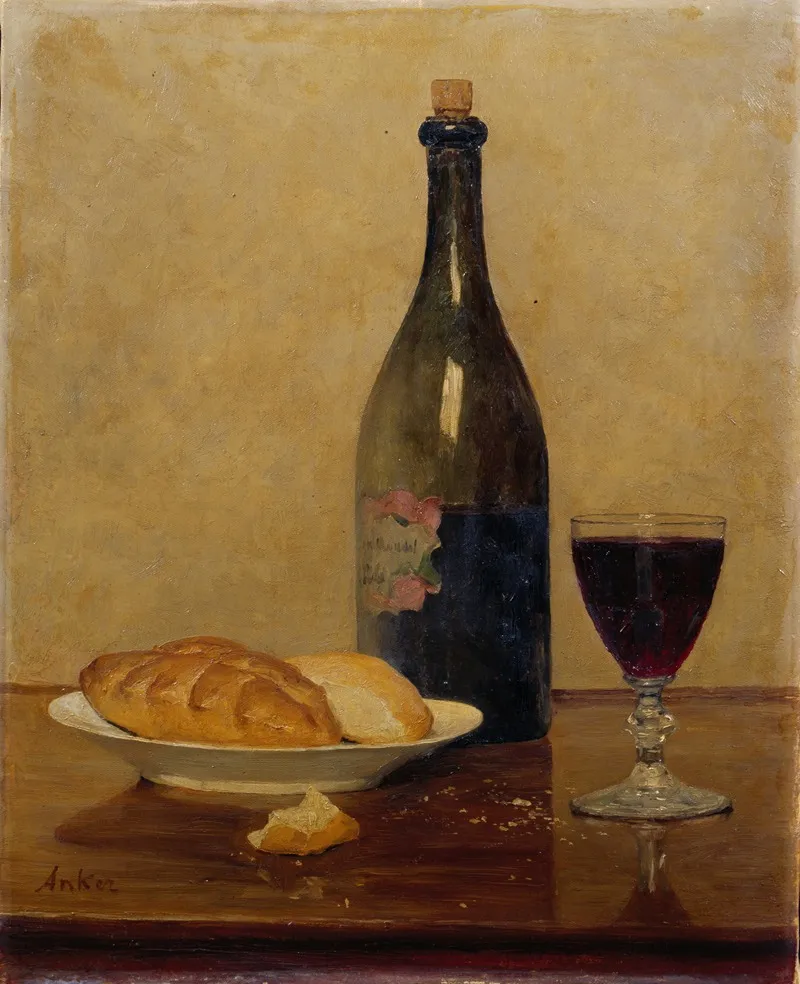 Stillleben Alter Wein Und Brot Wall Art by Albert Anker - High-Resolution Digital Print