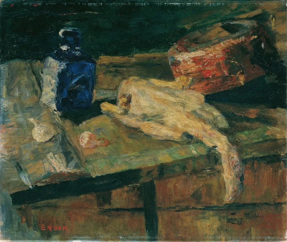 Stillleben Mit Blauer Flasche Und Gerupftem Huhn Wall Art by James Ensor - High-Resolution Digital Print