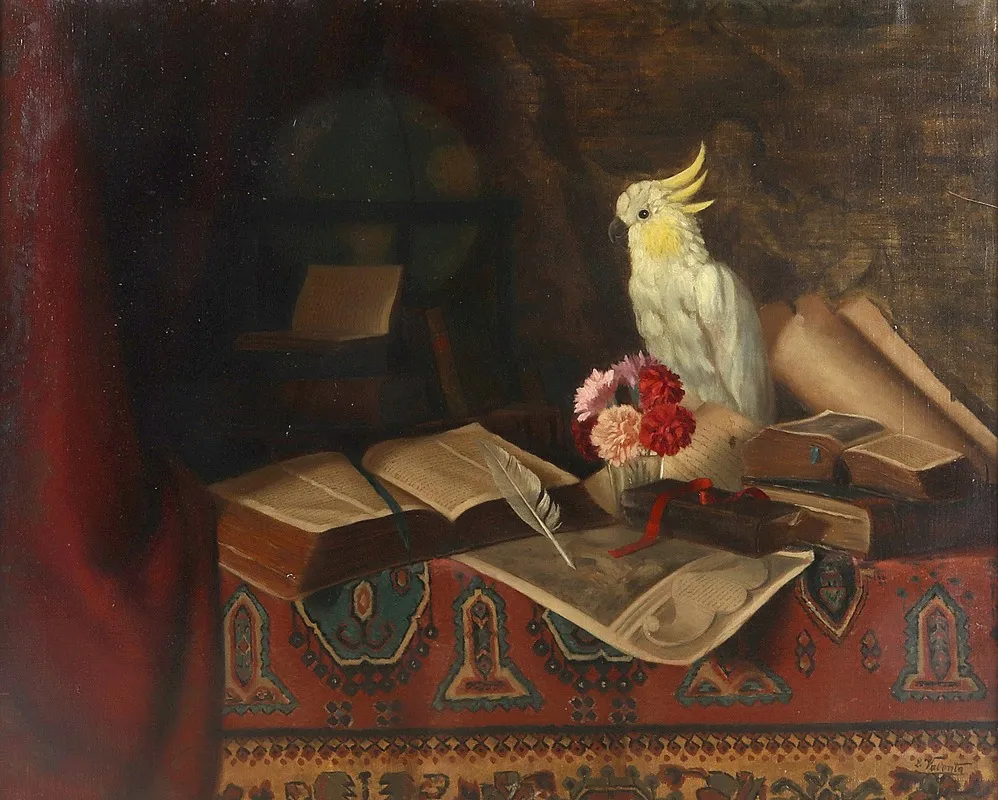 Stillleben Mit Buchern Und Kakadu Wall Art by Ludwig Valenta - High-Resolution Digital Print