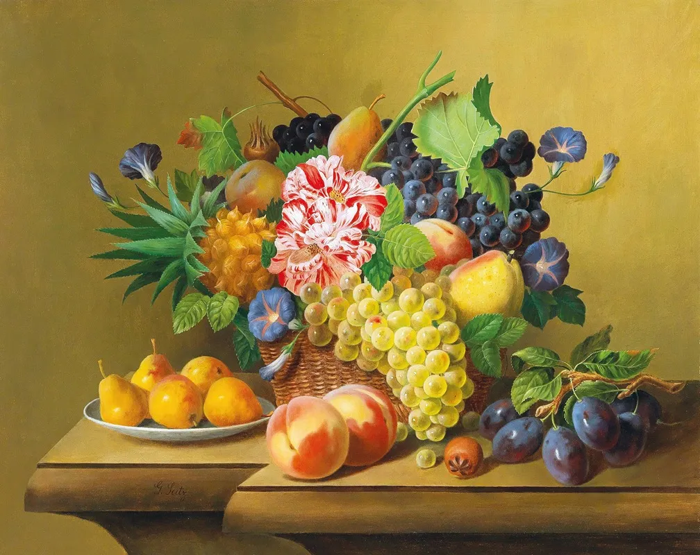 Stillleben Mit Fruchtekorb Und Einem Teller Mit Birnen Wall Art by Johann Georg Seitz - High-Resolution Digital Print