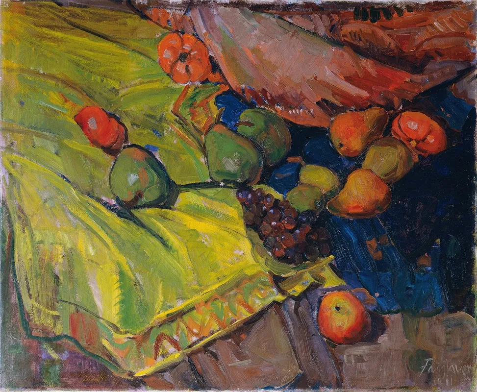 Stillleben Mit Fruchten Auf Grunem Tuch