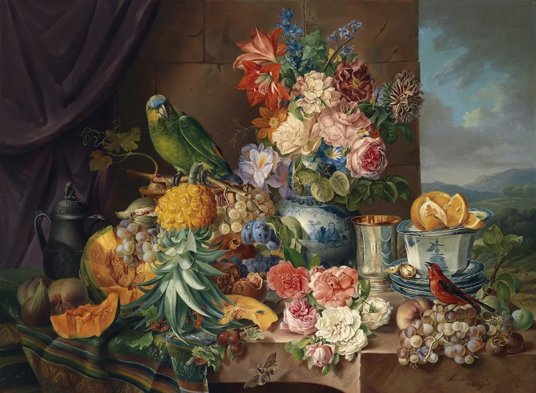 Stillleben Mit Fruchten Blumen Und Papagei Wall Art by Josef Schuster - High-Resolution Digital Print