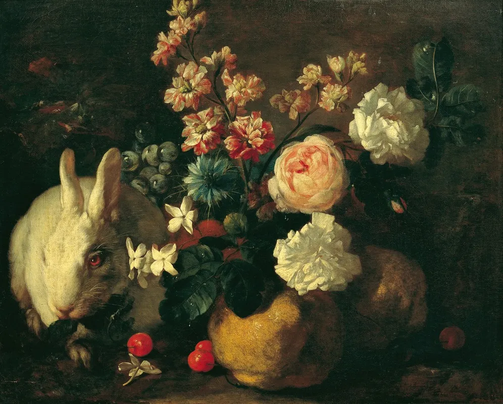Stillleben Mit Kaninchen Blumen Und Fruchten Wall Art by Franz Werner von Tamm - High-Resolution Digital Print