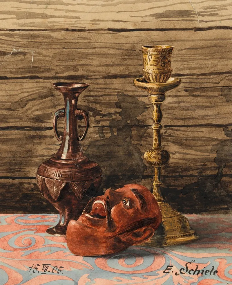Stillleben Mit Kerzenleuchter Vase Und Maske Wall Art by Egon Schiele - High-Resolution Digital Print