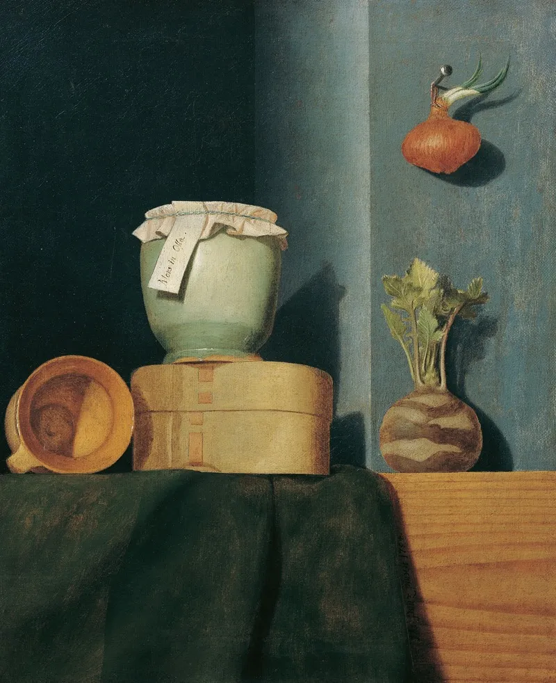 Stillleben Mit Kuchengeschirr Zwiebel Und Kohlrabi Wall Art by Anna Maria Punz - High-Resolution Digital Print