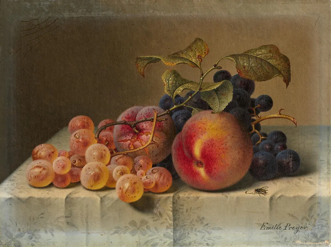 Stillleben Mit Pfirsichen Und Trauben Auf Weisem Tischtuch Wall Art by Emilie Preyer - High-Resolution Digital Print