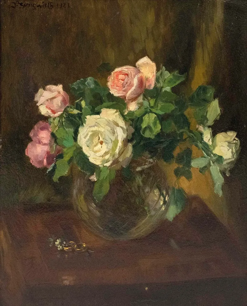Stillleben Mit Rosen In Glasvase Und Zwei Eheringen Wall Art by Josef Jungwirth - High-Resolution Digital Print