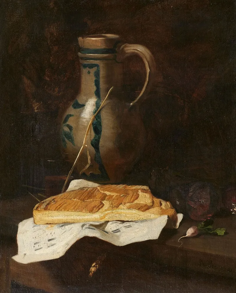 Stillleben Mit Steinkrug Und Camembert Wall Art by Philippe Rousseau - High-Resolution Digital Print