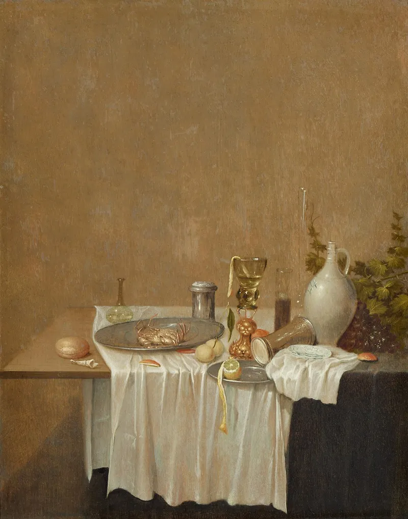 Stillleben Mit Steinzeugkrug Glasern Fruchten Einer Krabbe Und Brot Wall Art by Gerrit van Vucht - High-Resolution Digital Print
