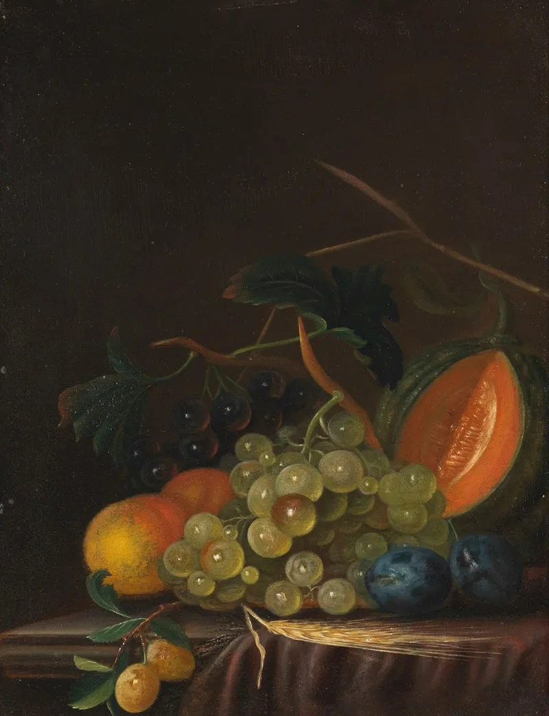 Stillleben Mit Trauben Pfirsichen Zwetschgen Und Melone Wall Art by Johann Daniel Bager - High-Resolution Digital Print