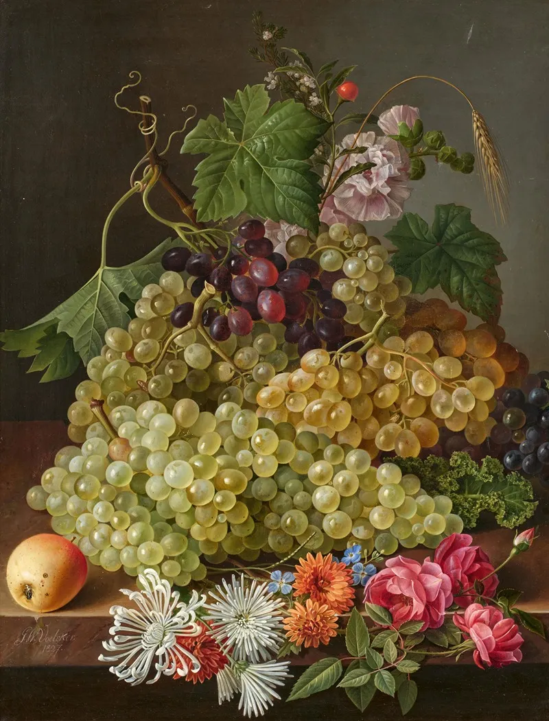 Stillleben Mit Trauben Und Herbstblumen Wall Art by Gottfried Wilhelm Völcker - High-Resolution Digital Print