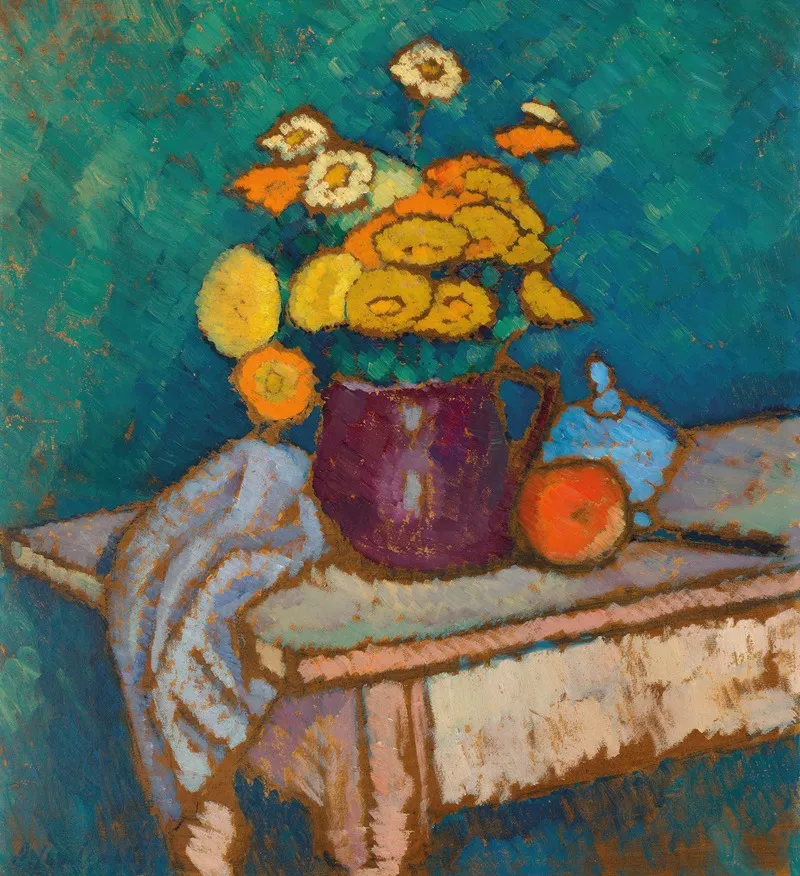 Stillleben Mit Tuch Blumen Im Krug Apfel Und Behalter Auf Tisch Wall Art by Alexej von Jawlensky - High-Resolution Digital Print