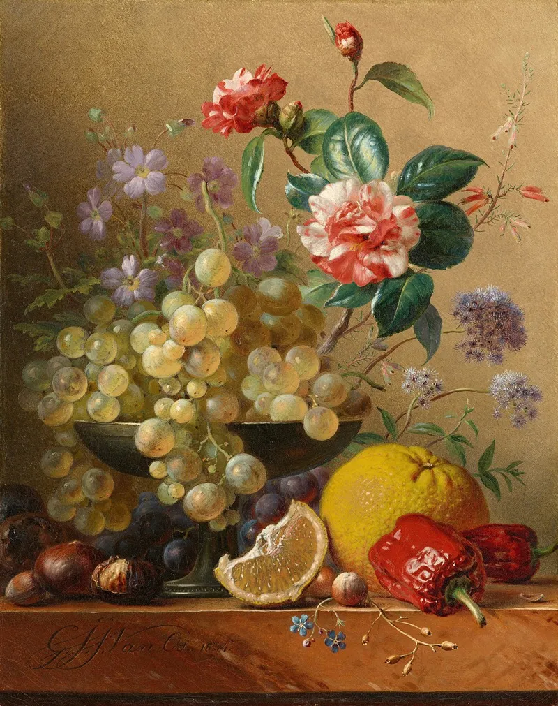 Stillleben Mit Weintrauben In Einer Silberschale Kamelienzweig Zitrone Paprika Kastanien Und Nussen Auf Einer Marmorplatte Wall Art by Georg Jacob Johannes Van Os - High-Resolution Digital Print