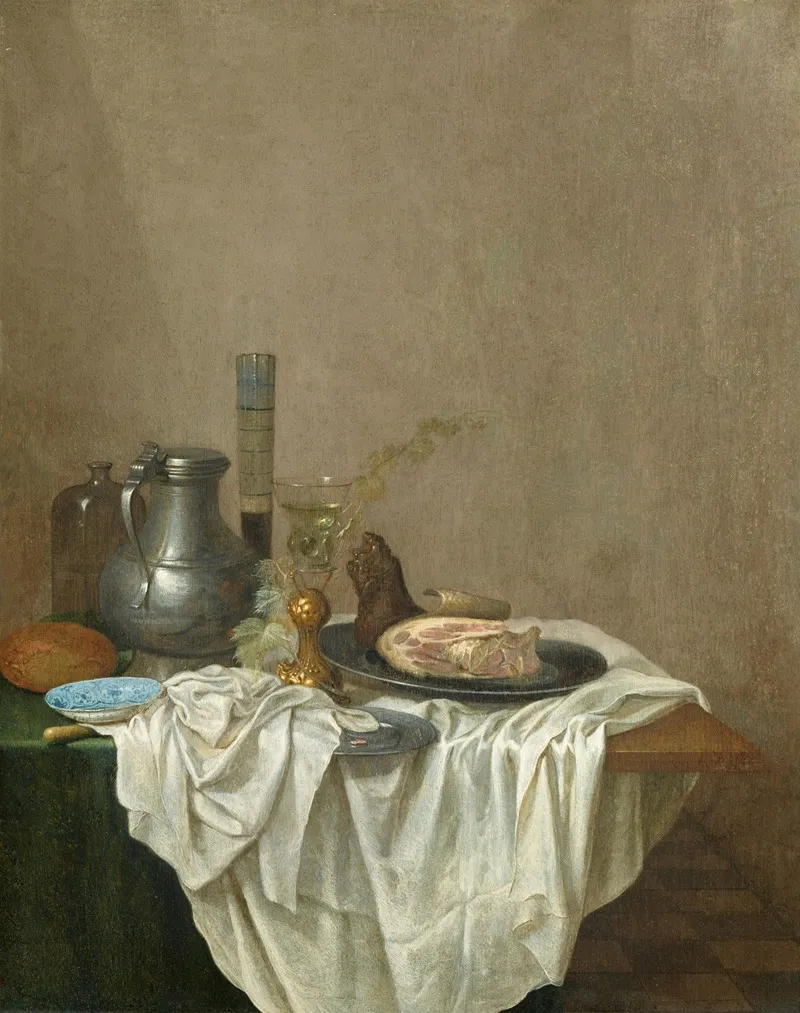 Stillleben Mit Zinnkrug Glasern Schinken Und Brot Wall Art by Gerrit van Vucht - High-Resolution Digital Print