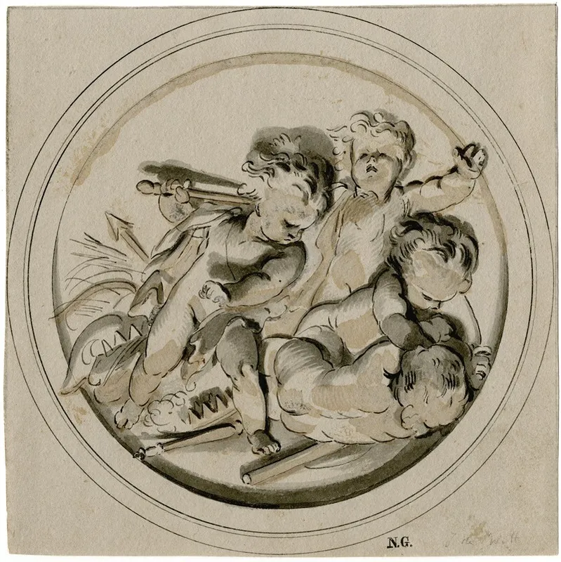 Stoeiende Putti In Een Medaillon