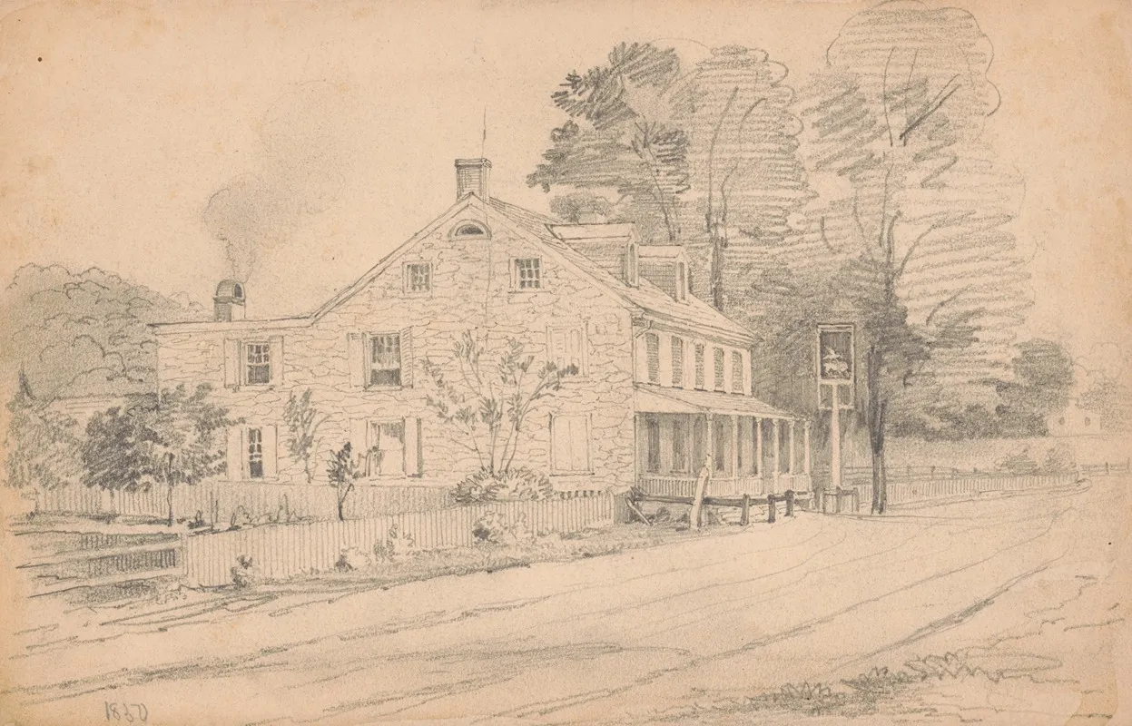 Stone Tavern On A Dirt Road Smoke Coming Out Of Chimney At Rear Of Building Sign At Front Shows A Bird Riding On The Back Of An Animal