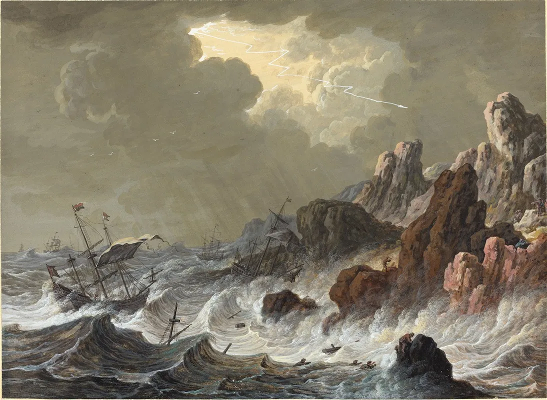 Storm Tossed Ships Wrecked On A Rocky Coast Wall Art by Johann Christoph Dietzsch - High-Resolution Digital Print