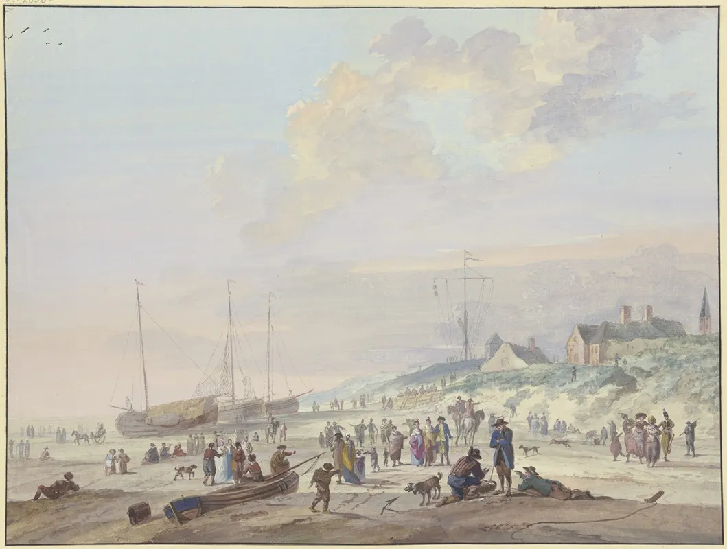 Strand Drei Fischerbarken Sind An Land Gezogen Viele Personen Belustigen Sich Rechts Ein Dorf Auf Der Dune Wall Art by Arie Lamme - High-Resolution Digital Print