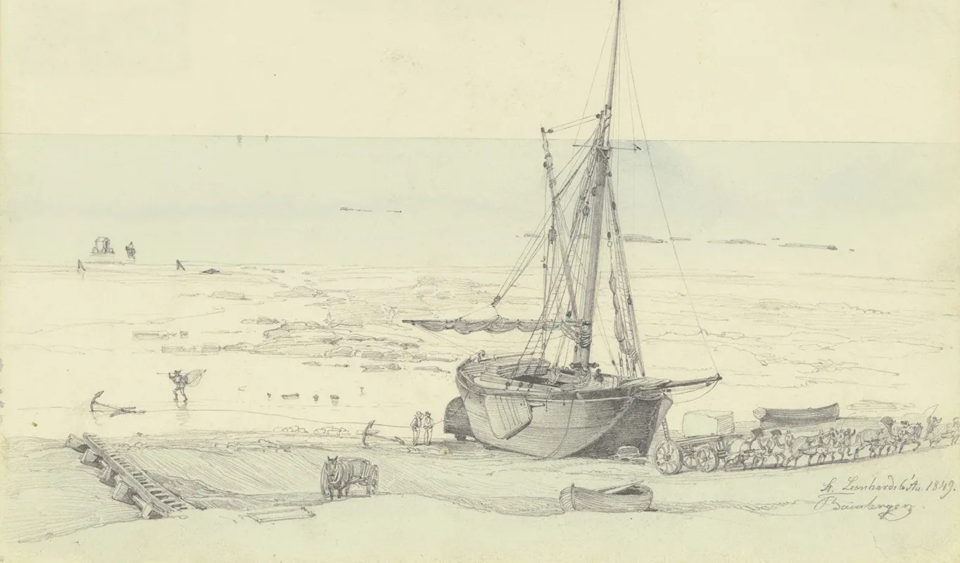 Strand Mit Grosem Fischerboot Und Lastwagen Von Vier Paar Pferden Gezogen