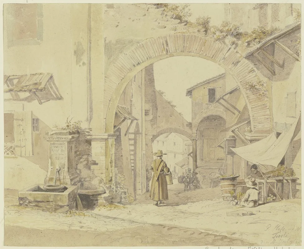 Strase In Einem Italienischen Stadtchen Tivoli Links Ein Brunnen Rechts Eine Gemusehandlerin