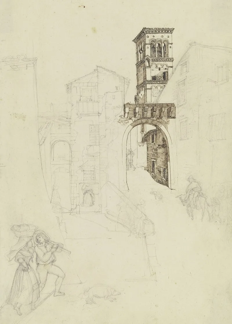 Strase In Rom Mit Einem Torbogen Und Dem Kirchturm Von Santa Sabina