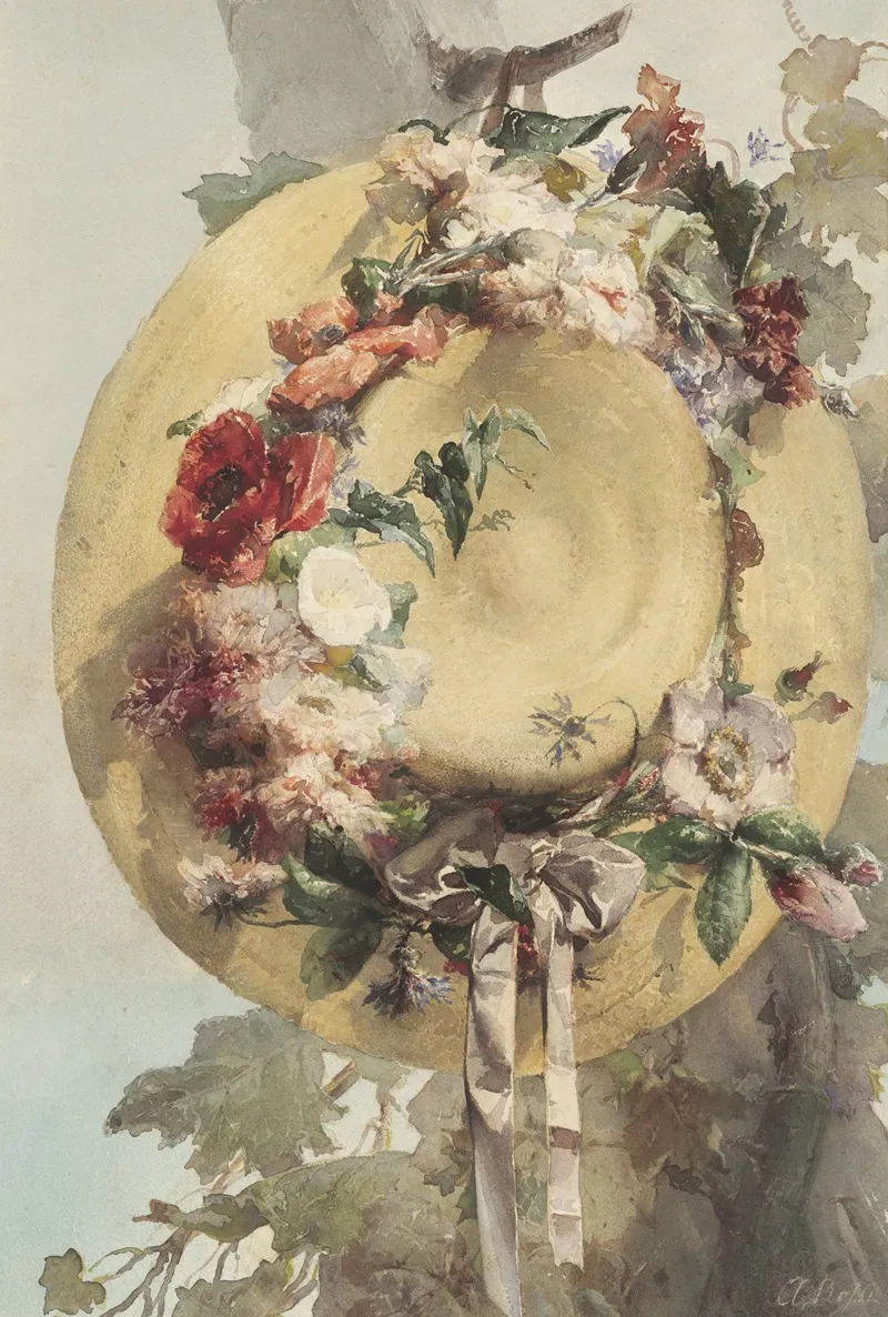 Straw Hat With Roses Carnations And Cornflowers Wall Art by Angelo Rossi - High-Resolution Digital Print