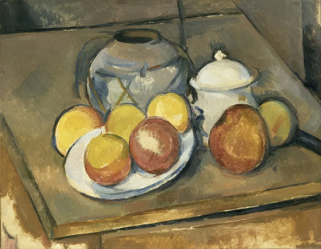 Straw Trimmed Vase Sugar Bowl And Apples
